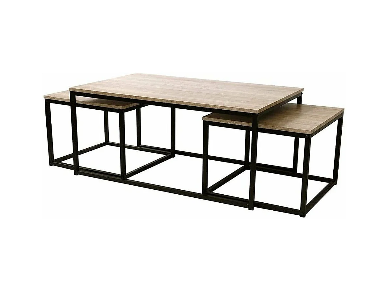 Set de 3 Tables Basses Gigognes Décor Bois et Métal - LOFT