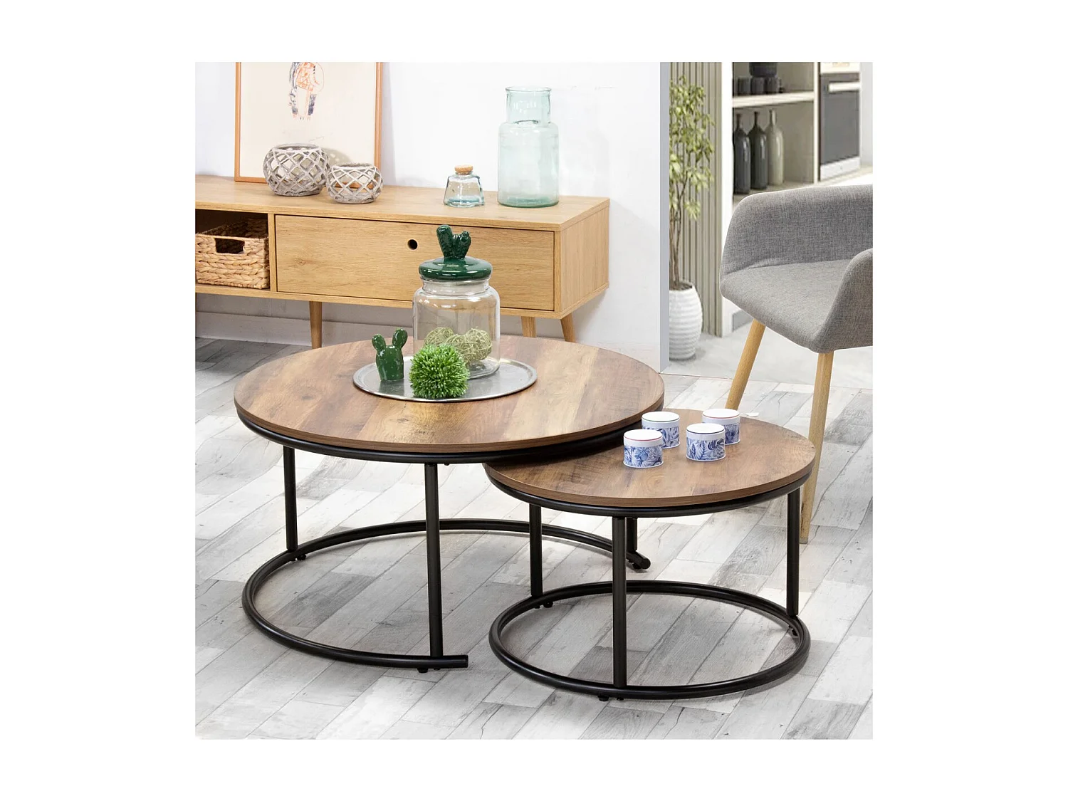 Set de 2 Tables Gigognes Rondes Décor Bois et Noir - JOYA