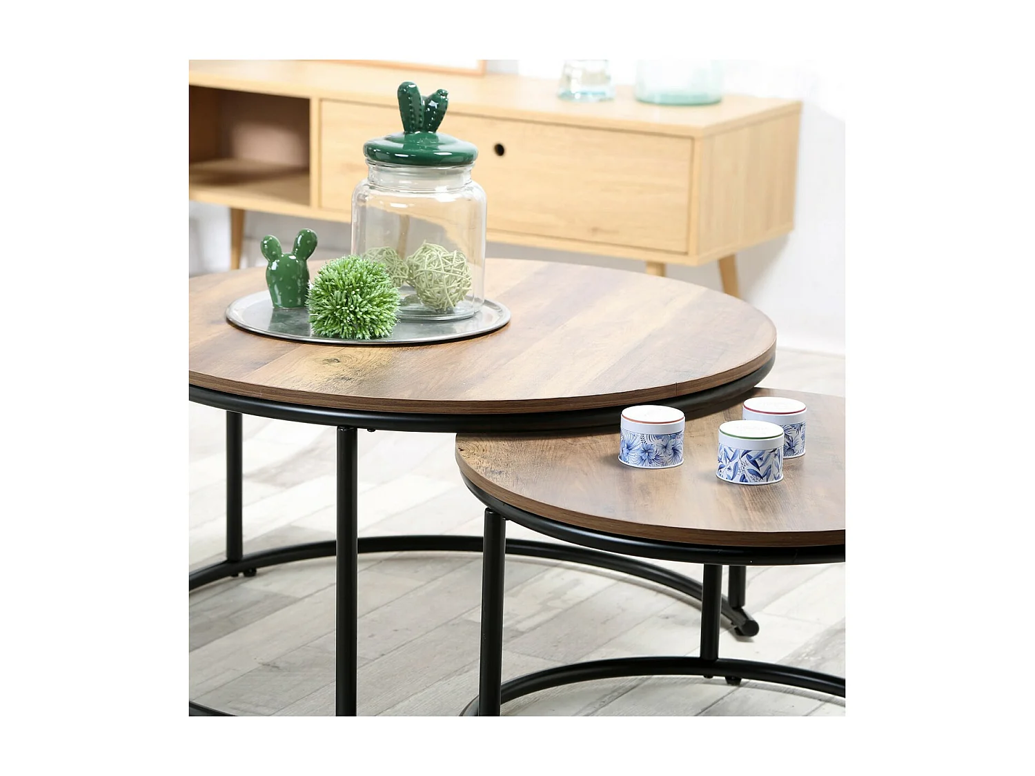 Set de 2 Tables Gigognes Rondes Décor Bois et Noir - JOYA