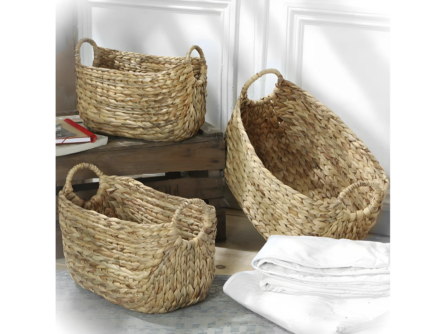 Cesta de jacinto de agua con asas - 40 x 23 x 26 cm