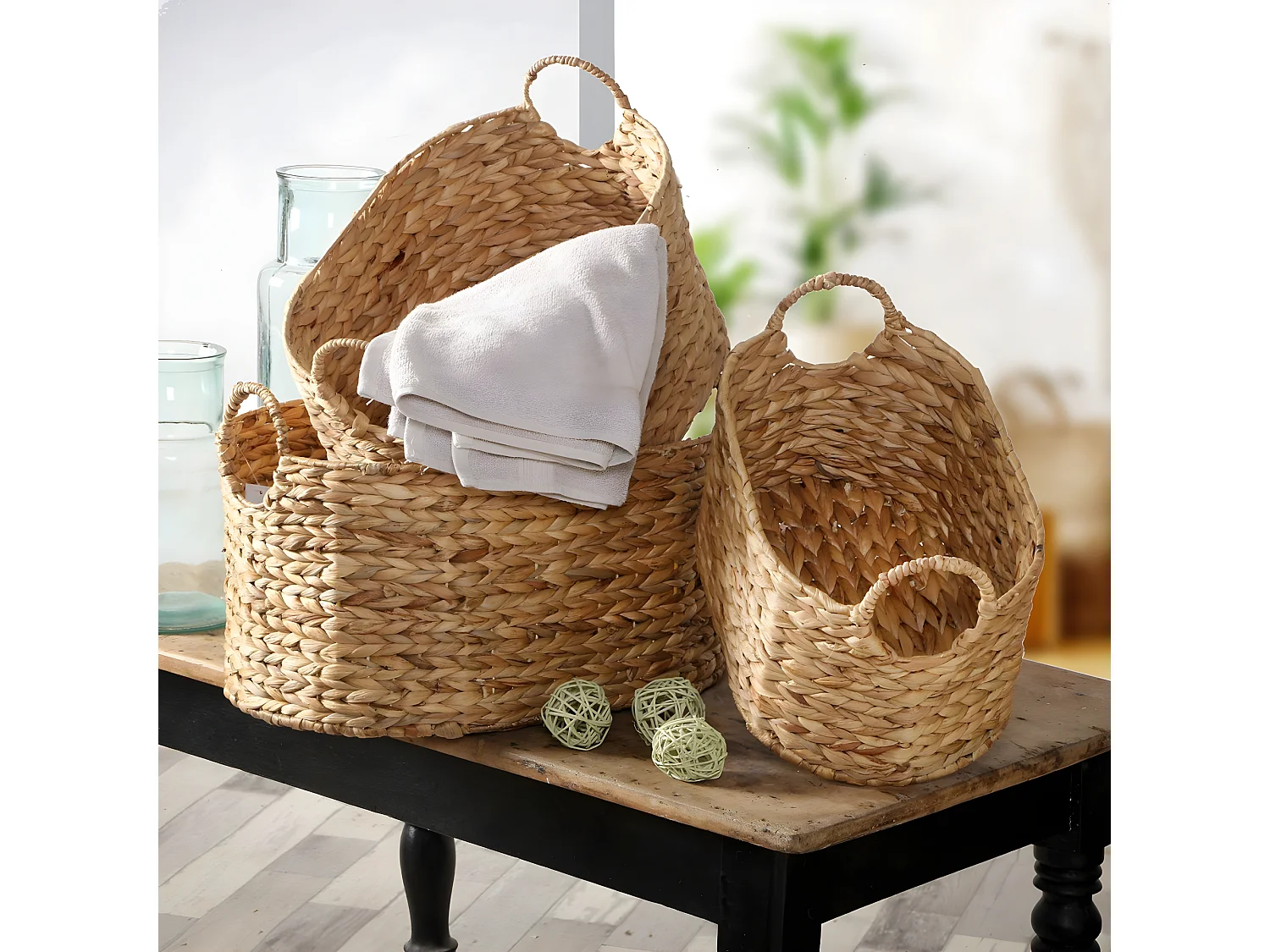 Stapelbaren Körben aus Wasserhyazinthe mit Griffen - Set aus 3