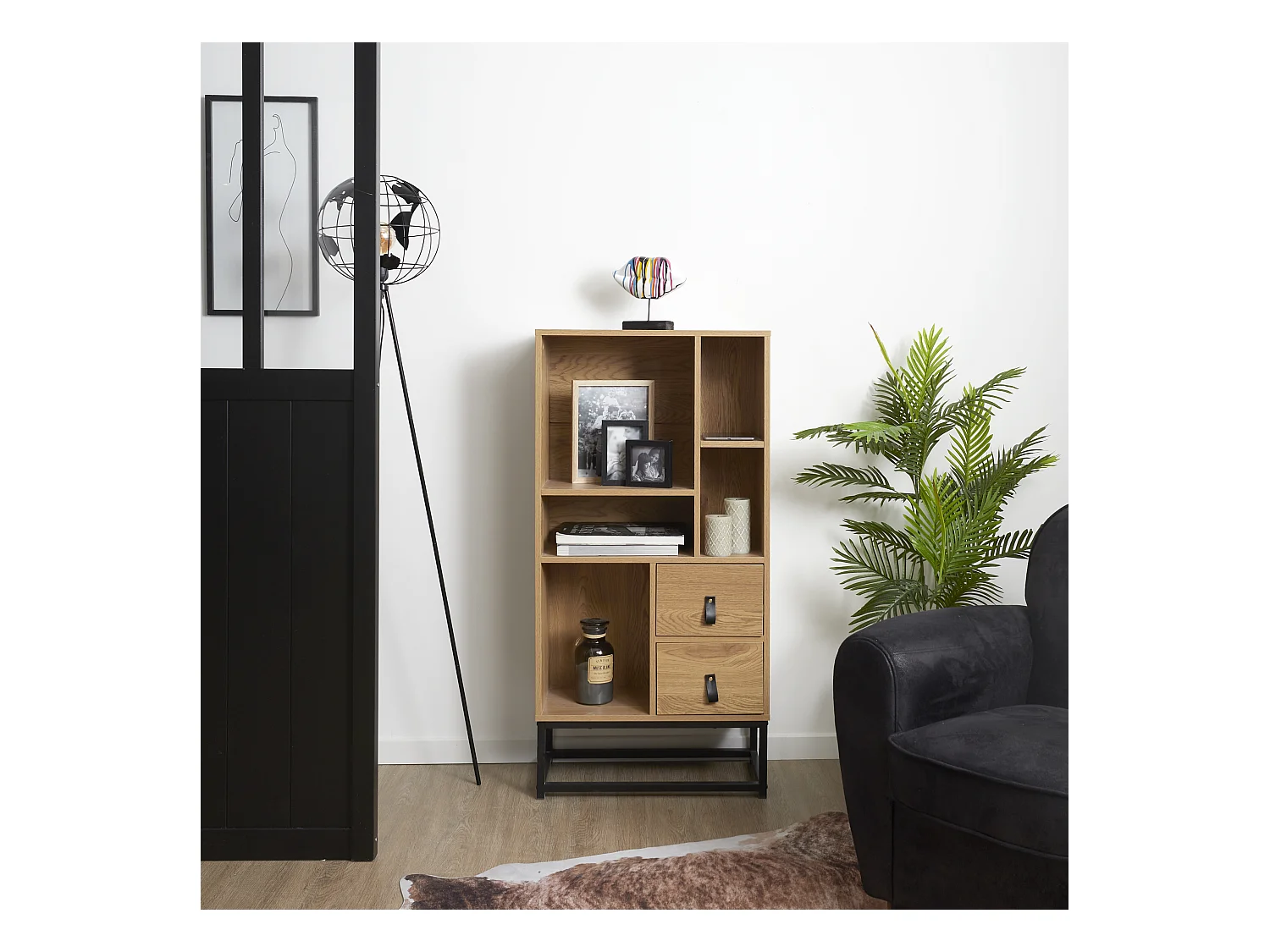 Bibliotheque Bois Et Metal Abbott Marron, Noir