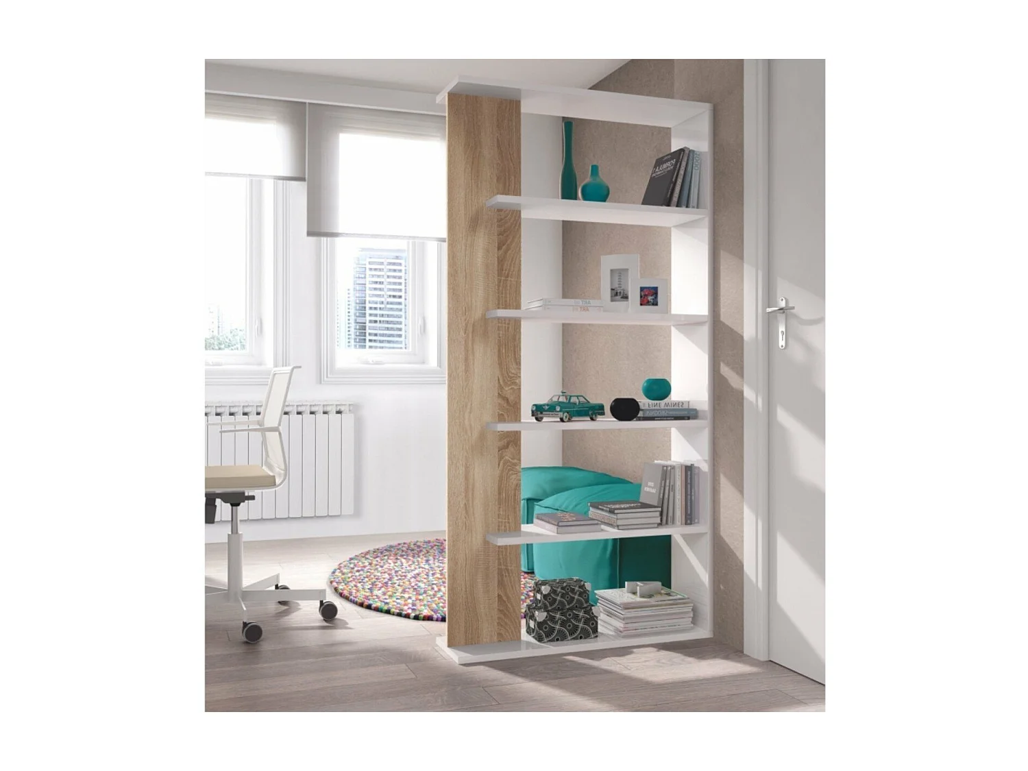 Estante Alida, carvalho canadense/branco, 5 prateleiras, 180x90x25 cm