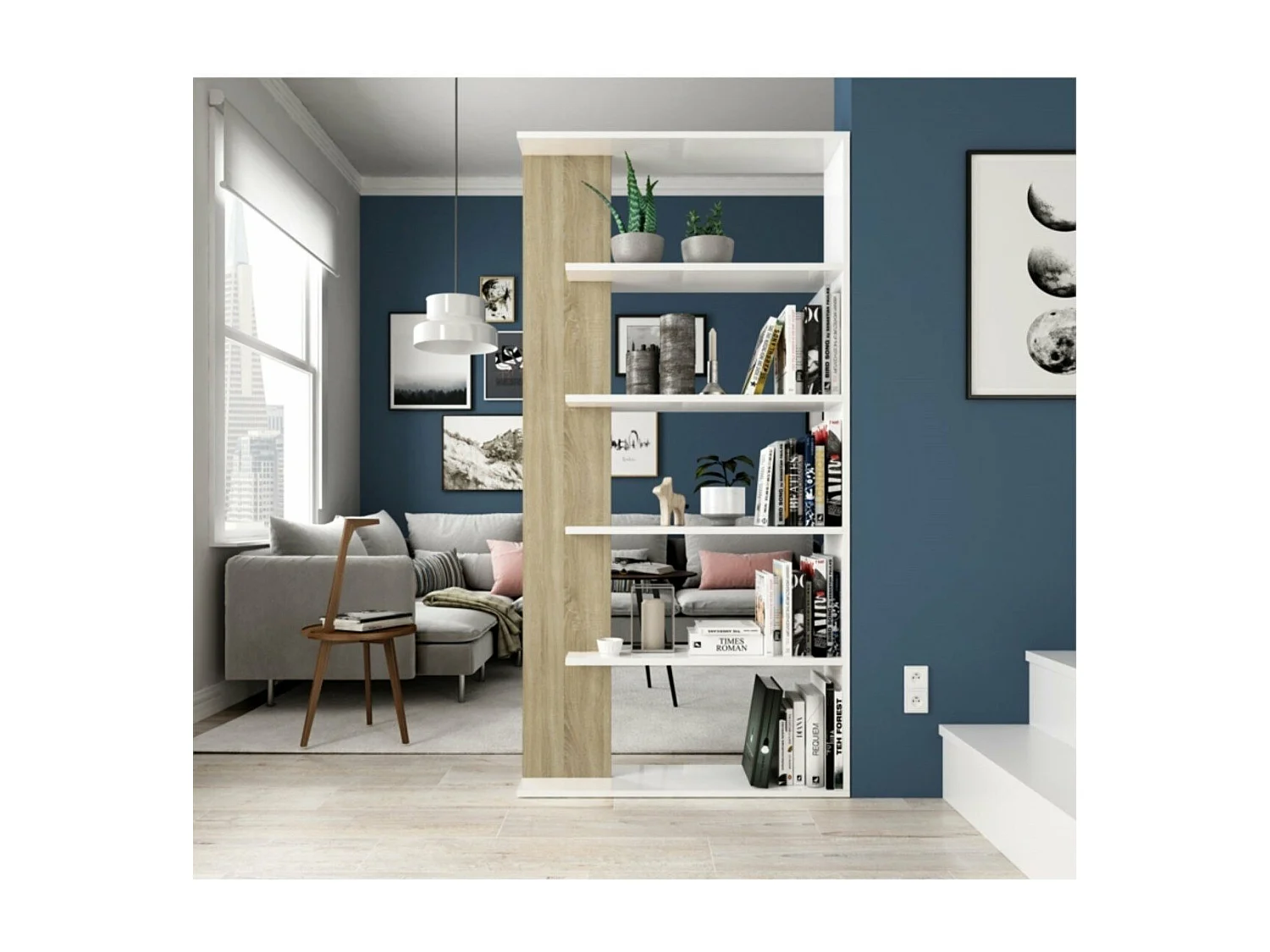 Estante Alida, carvalho canadense/branco, 5 prateleiras, 180x90x25 cm