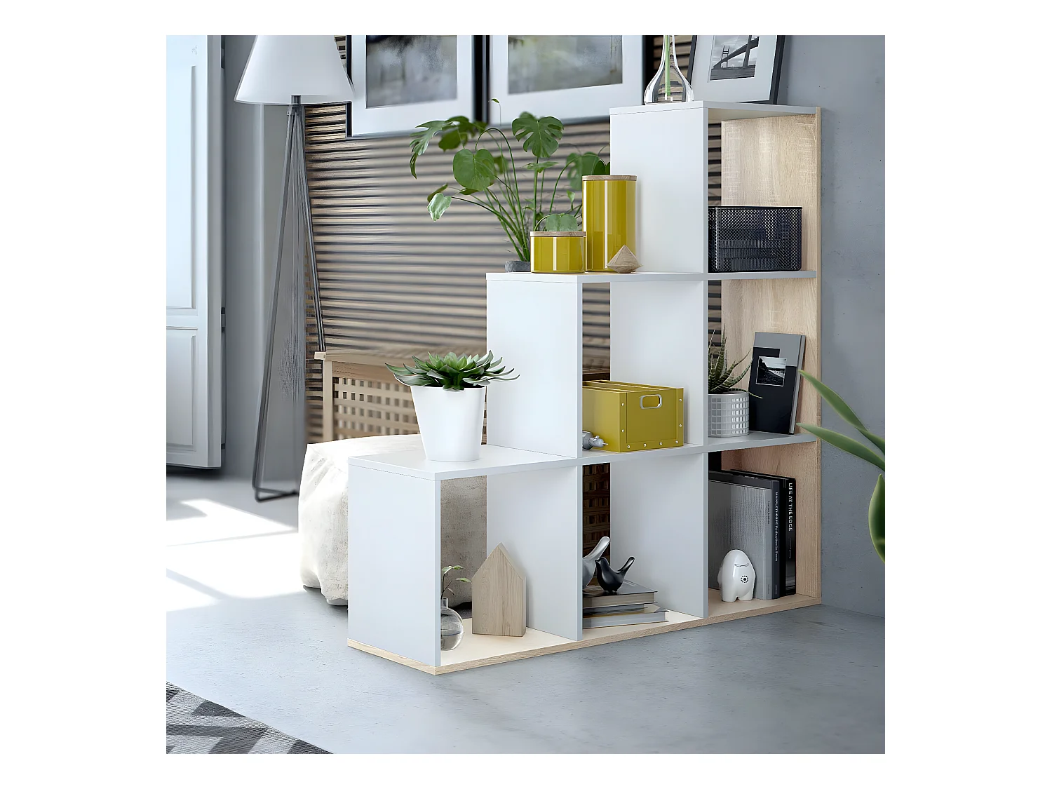 Estantería escalonada 6 compartimentos y 3 estantes - Al. 110 cm