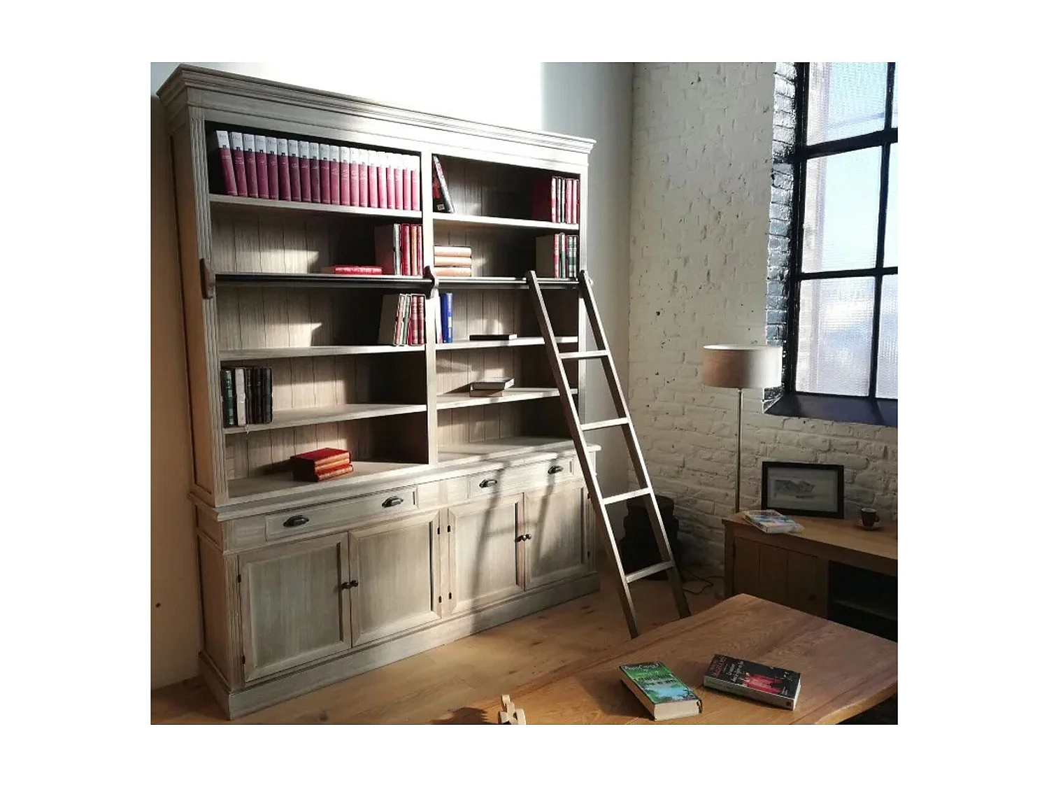 Bibliothèque Double en Bois Massif avec Échelle - L200 x H232,5 cm - Ludwig