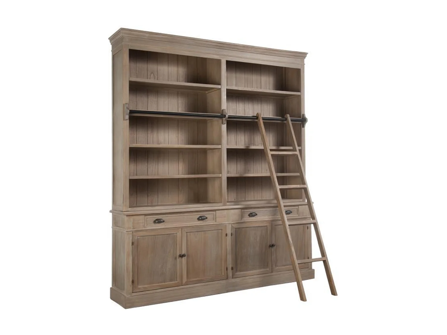 Bibliothèque Double en Bois Massif avec Échelle - L200 x H232,5 cm - Ludwig