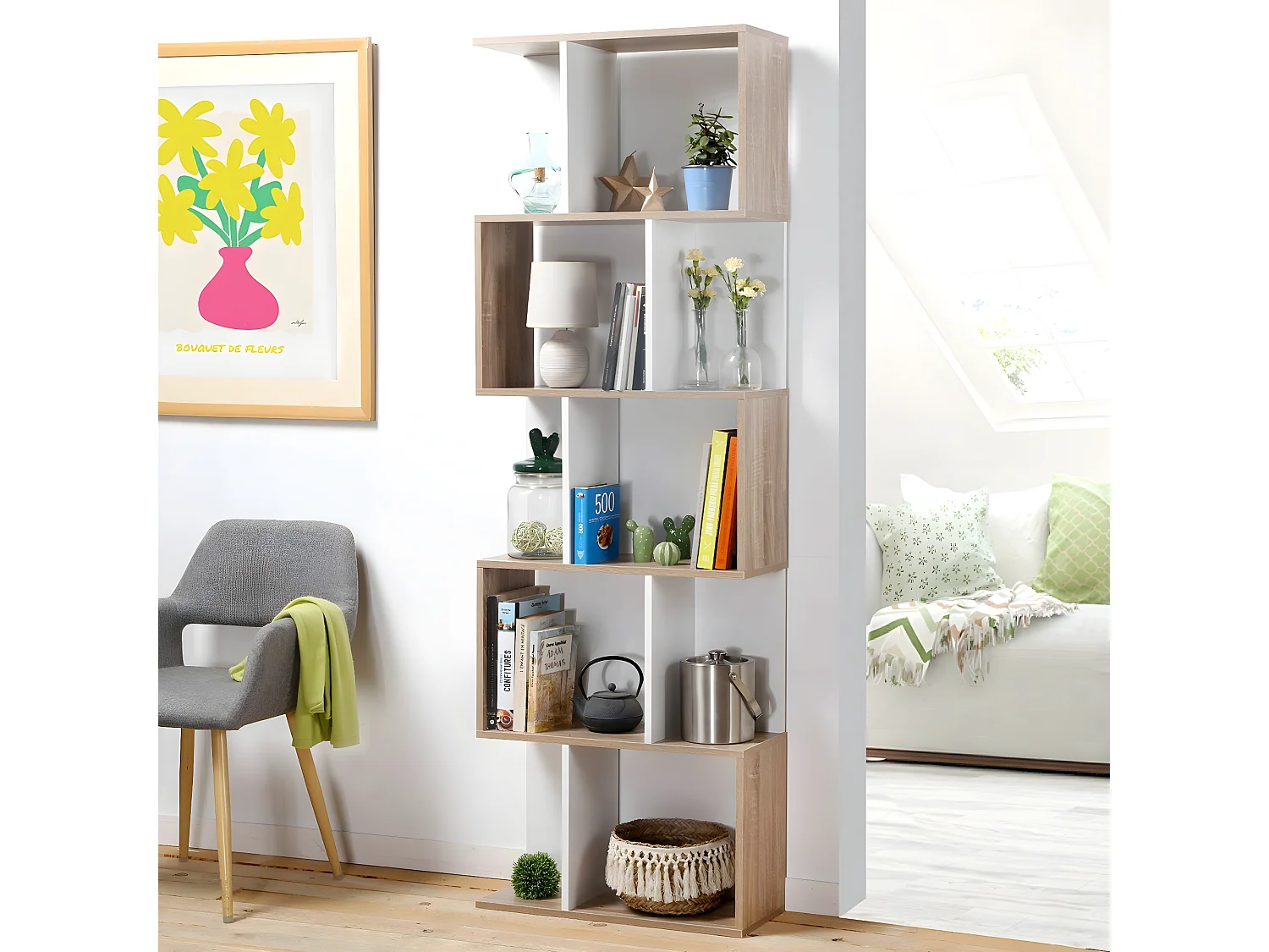 Bücherregal mit mehreren Fächern H180 cm - Dekor Holz und Weiß