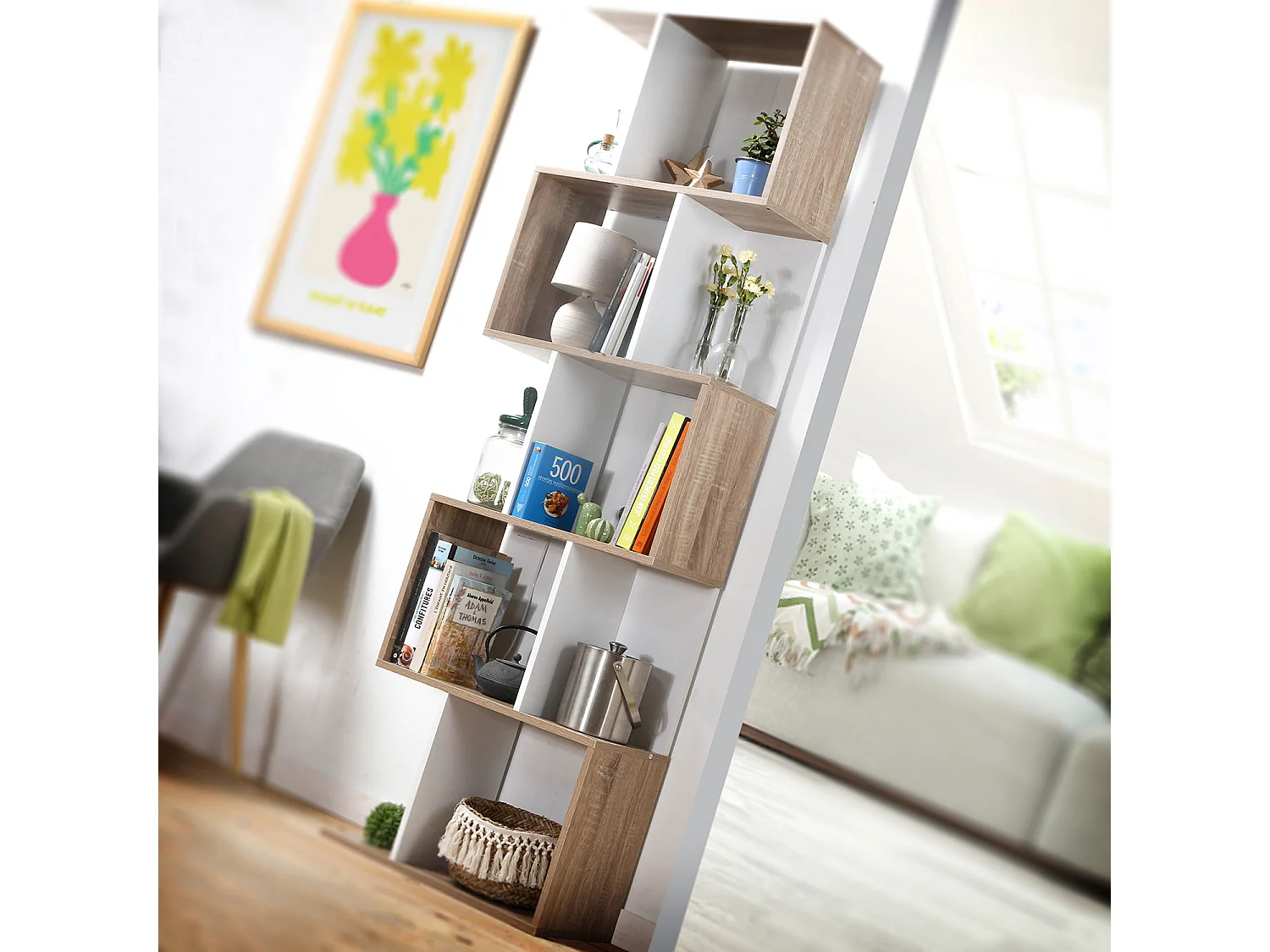 Bücherregal mit mehreren Fächern H180 cm - Dekor Holz und Weiß