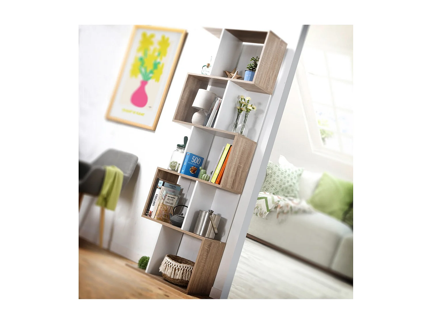 Bibliothèque Multi-cases H180 cm - Décor Bois et Blanc