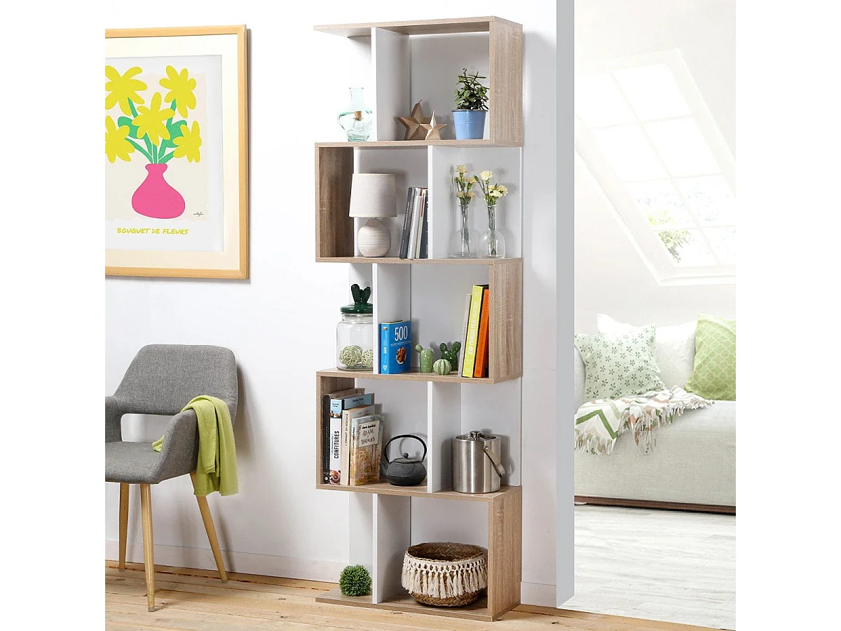 Bibliothèque Multi-cases H180 cm - Décor Bois et Blanc
