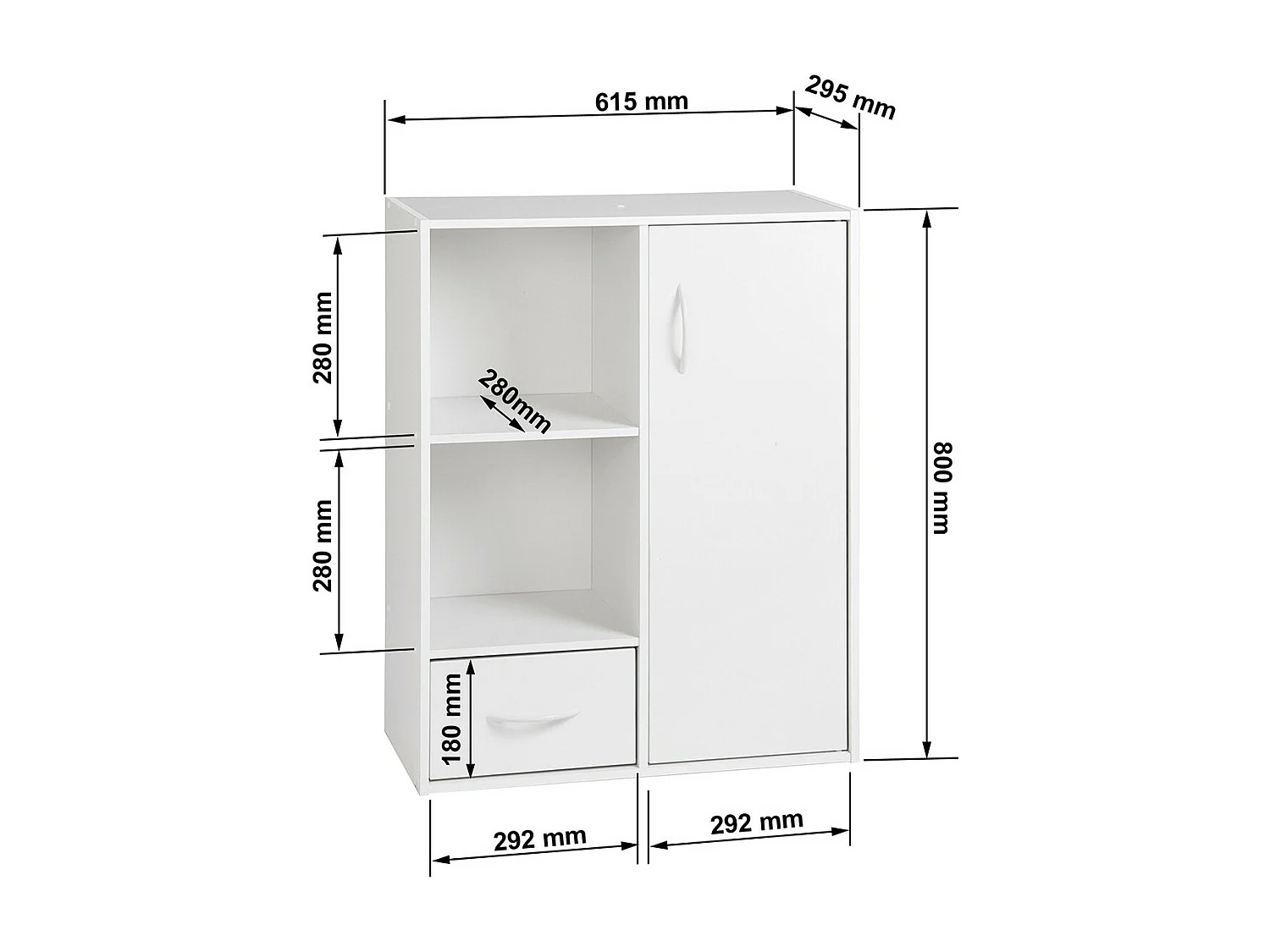 Schrank mit 2 Fächern, 1 Schublade und 1 Tür