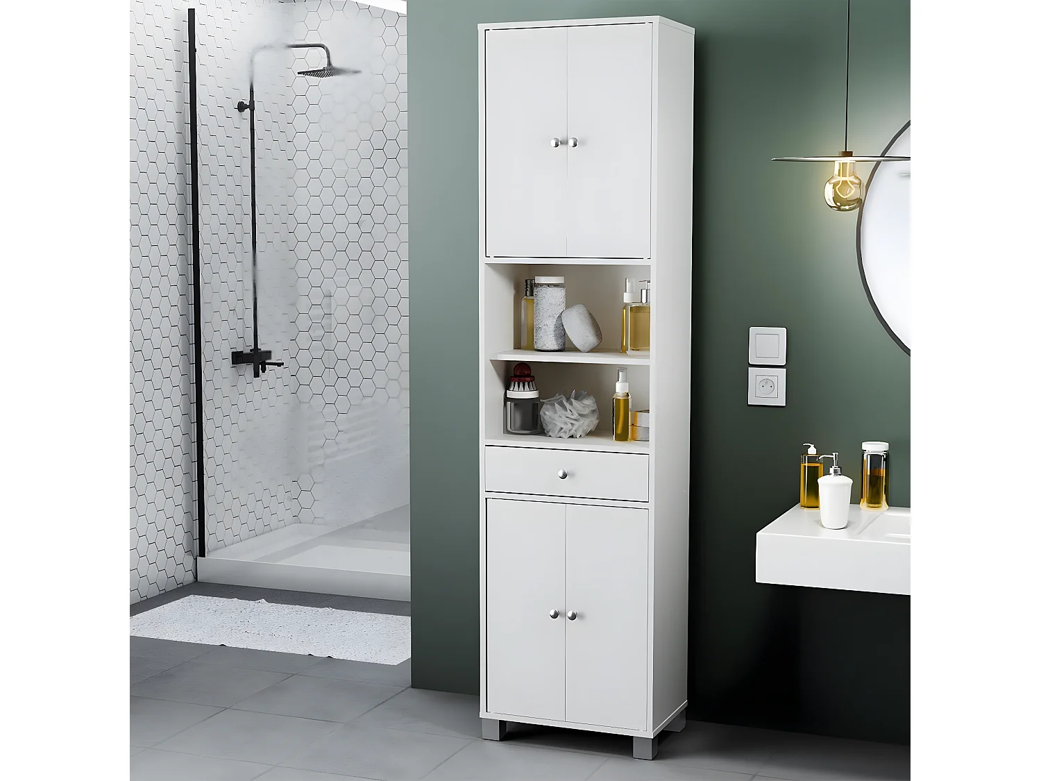 Colonne de salle de bain 4 Portes 1 Tiroir et Niches L50,5 cm Blanc - Bikini