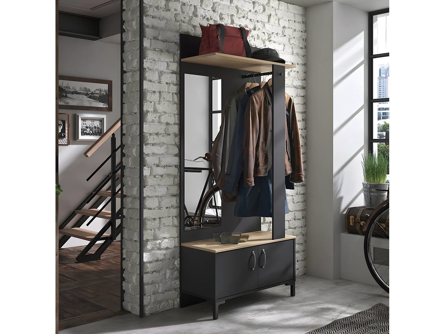 Meuble d'entrée noir 2 portes et un miroir - Fabrication Française