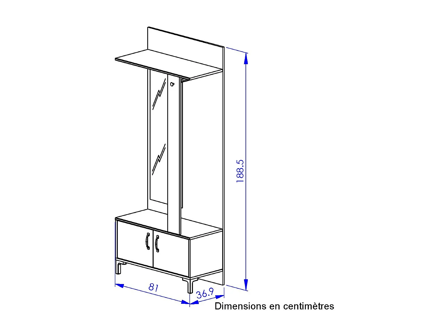 Meuble d'entrée noir 2 portes et un miroir - Fabrication Française