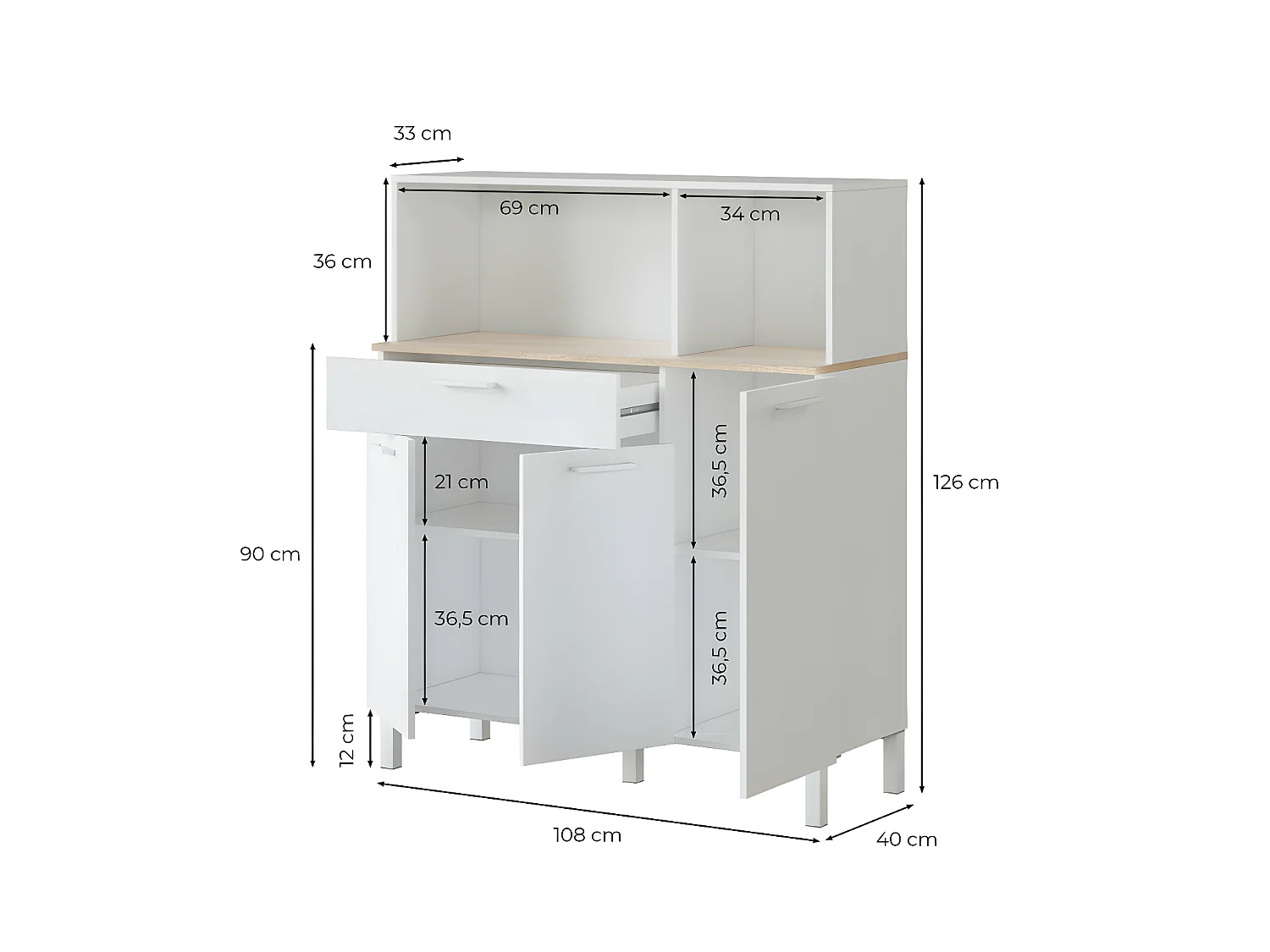Buffet de cuisine 3 portes et 1 tiroir L108 x H126 cm