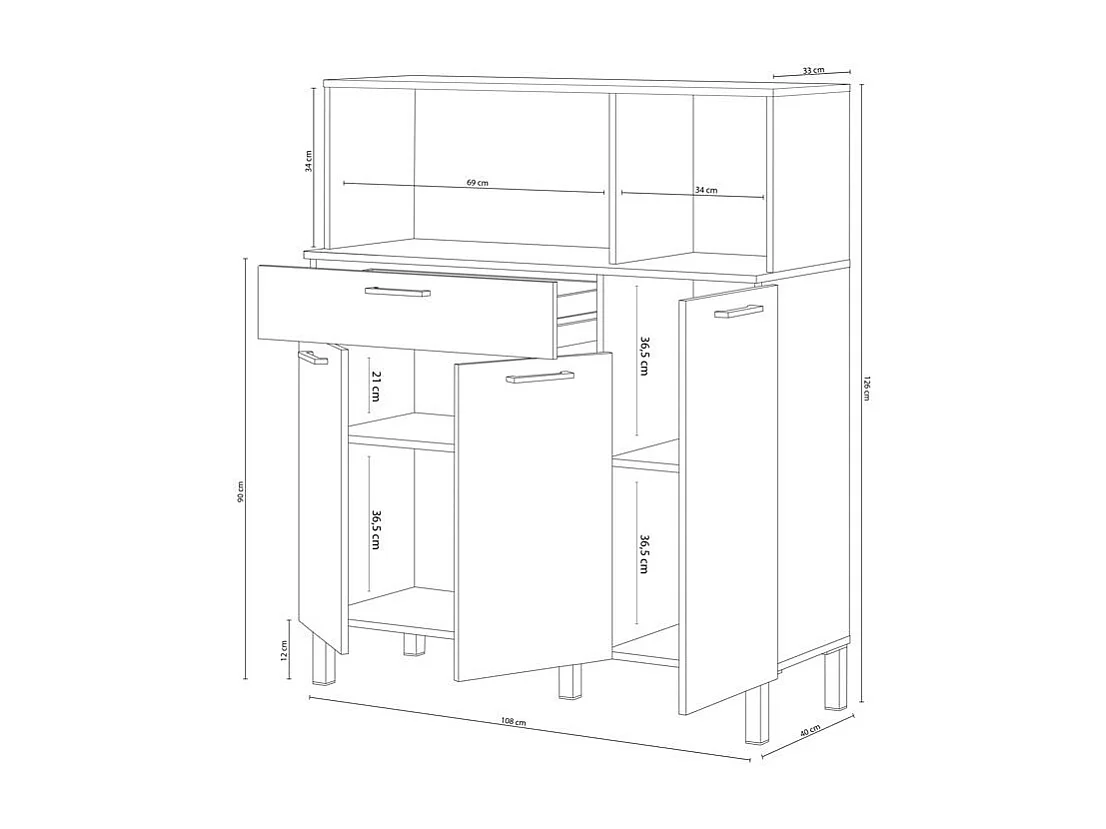 Küchenbuffet mit 3 Türen und 1 Schublade Kira - L108 x H126 cm