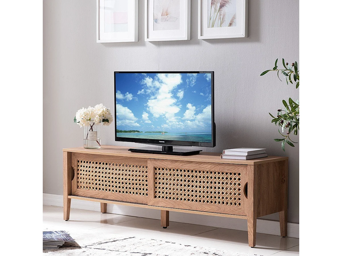 Meuble TV avec 2 Portes Coulissantes Décor Rotin - L138 cm