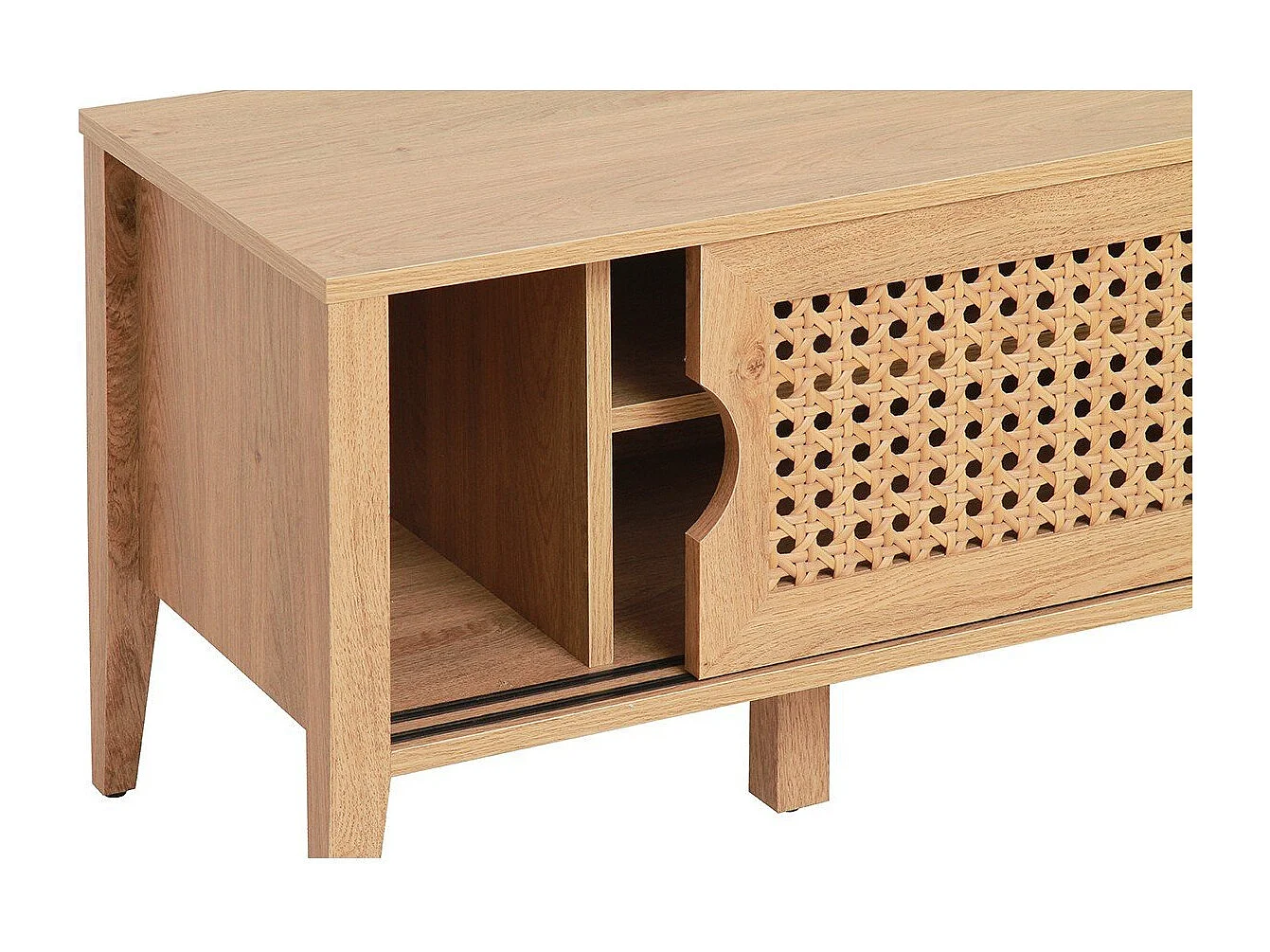 Meuble TV avec 2 Portes Coulissantes Décor Rotin - L138 cm