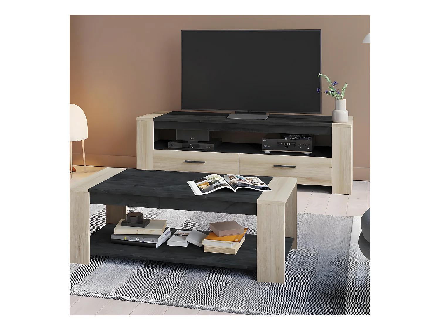 Meuble TV 2 Tiroirs et 1 Large Niche L151,7 cm - Sheffield
