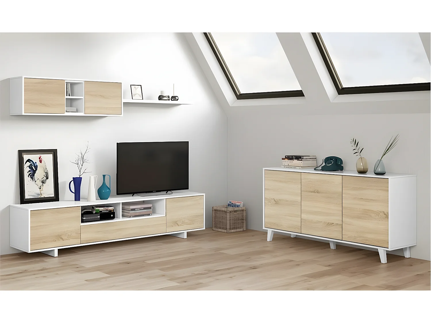 Composición Salón Belus blanco/roble claro 200 cm