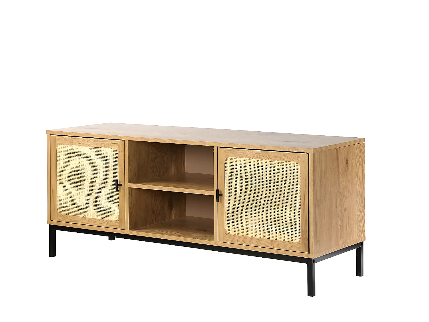 Mueble de TV 2 puertas con rejilla de ratán y 2 baldas - 120 cm de largo