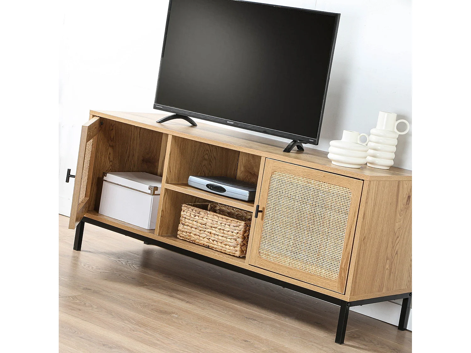 Mueble de TV 2 puertas con rejilla de ratán y 2 baldas - 120 cm de largo