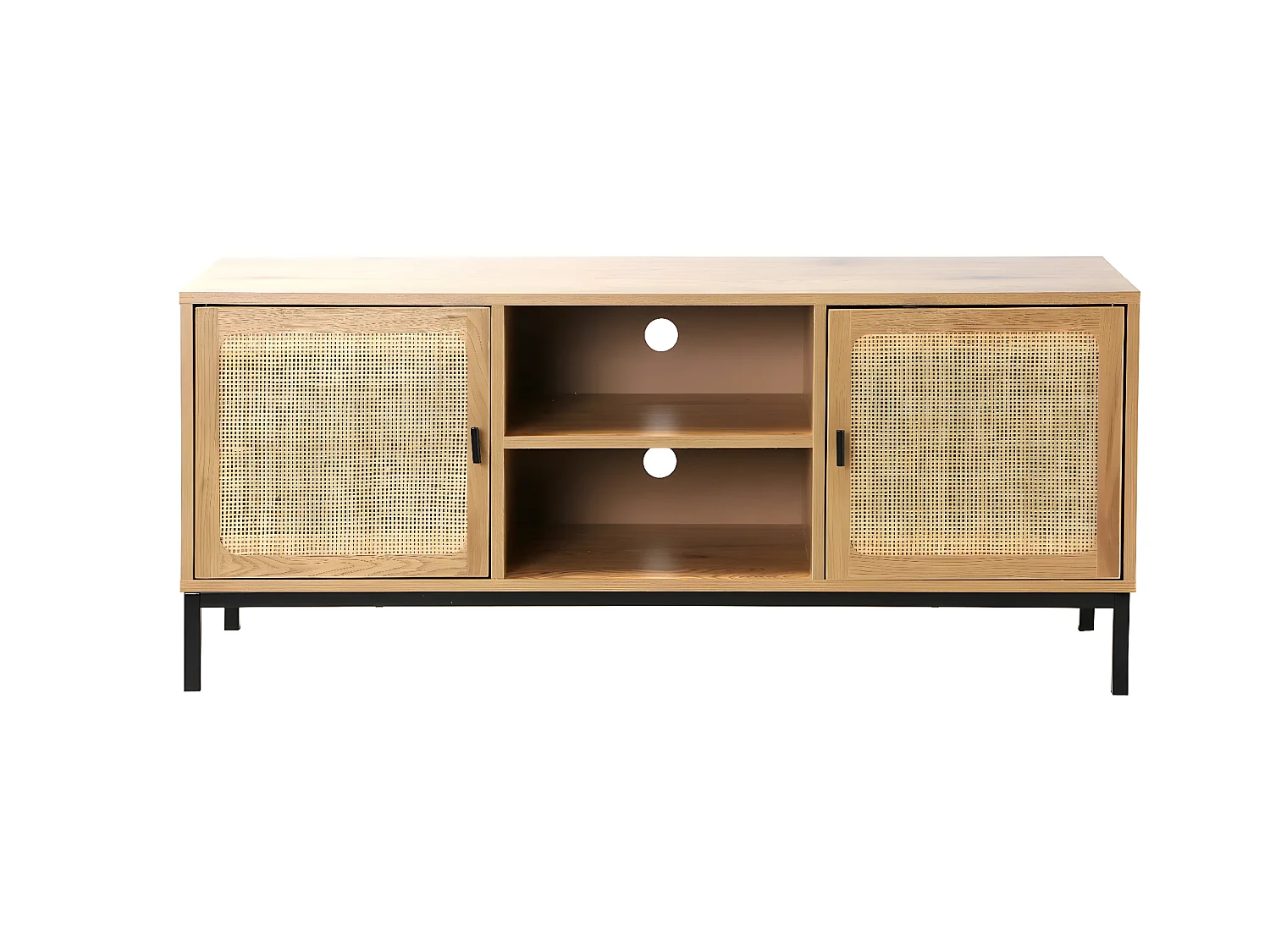 TV-meubel met 2 deuren, rotan baldakijn en 2 nissen - L120cm