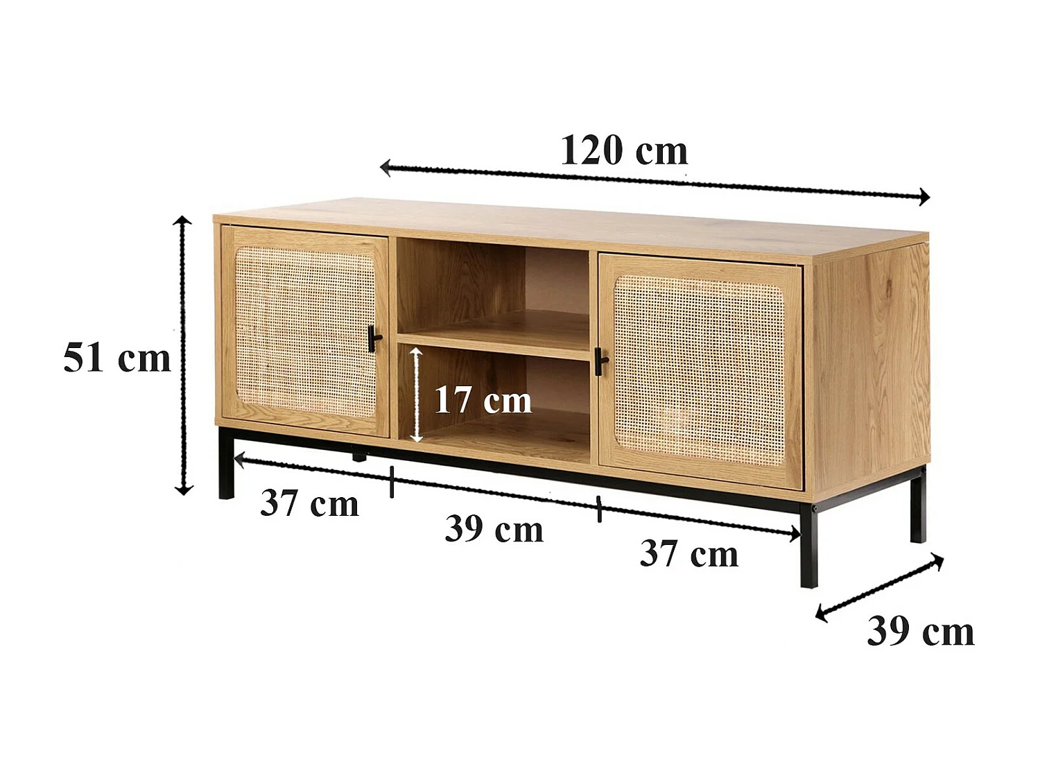 Meuble TV 2 Portes avec Cannage Rotin et 2 Niches L120cm - JAYA