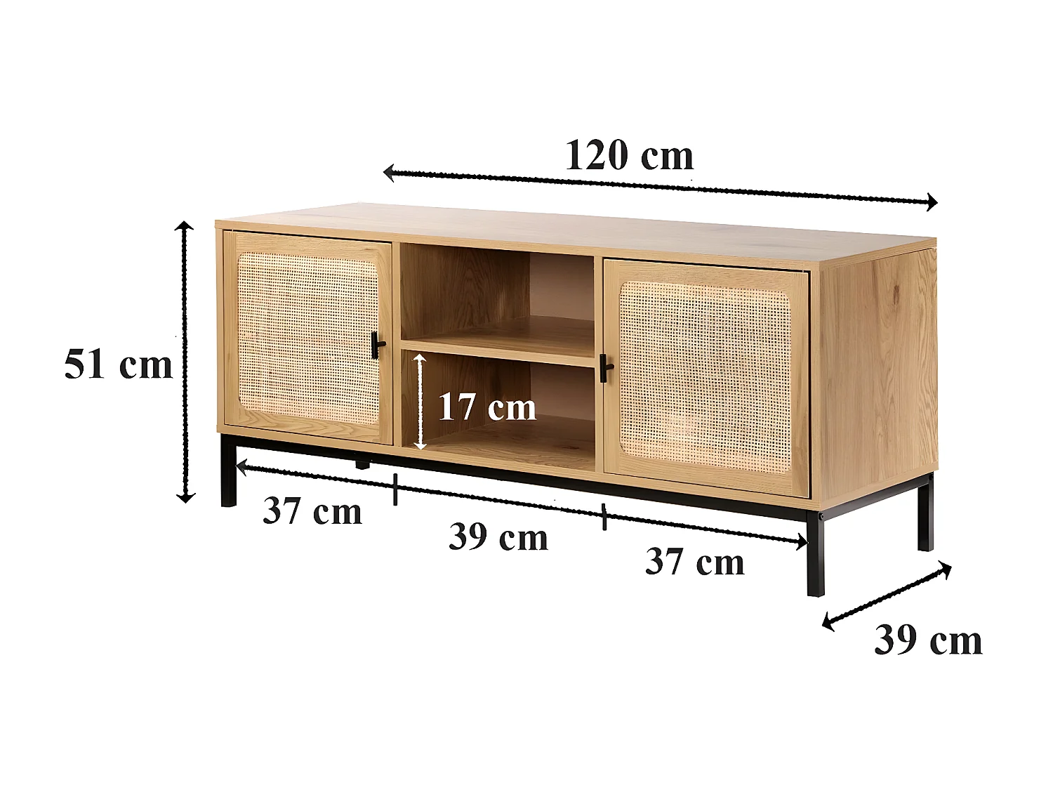 Meuble TV 2 Portes avec Cannage Rotin et 2 Niches L120cm - JAYA