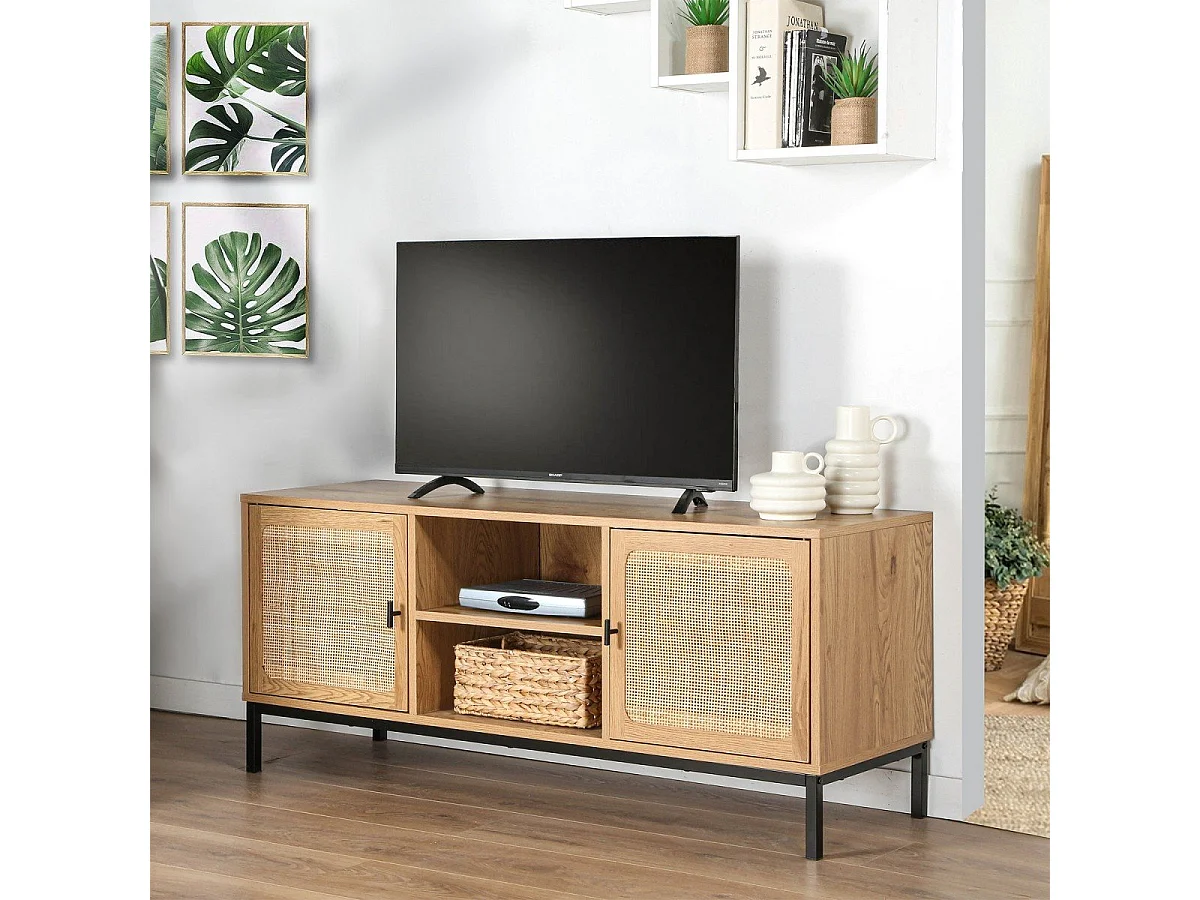 Meuble TV 2 Portes avec Cannage Rotin et 2 Niches L120cm - JAYA