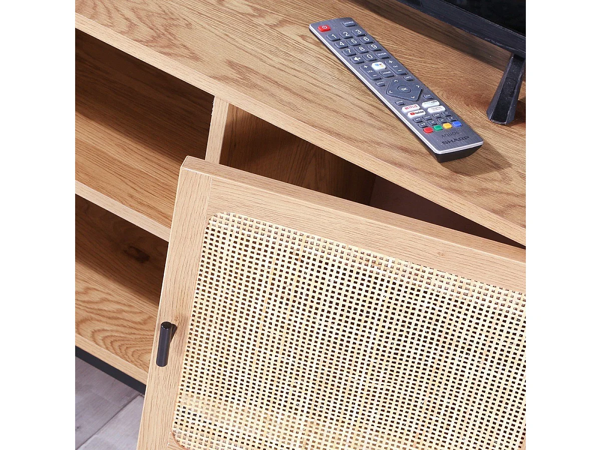 Meuble TV 2 Portes avec Cannage Rotin et 2 Niches L120cm - JAYA