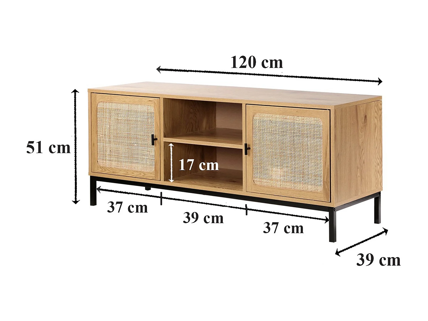 Meuble TV 2 Portes avec Cannage Rotin et 2 Niches L120cm - JAYA