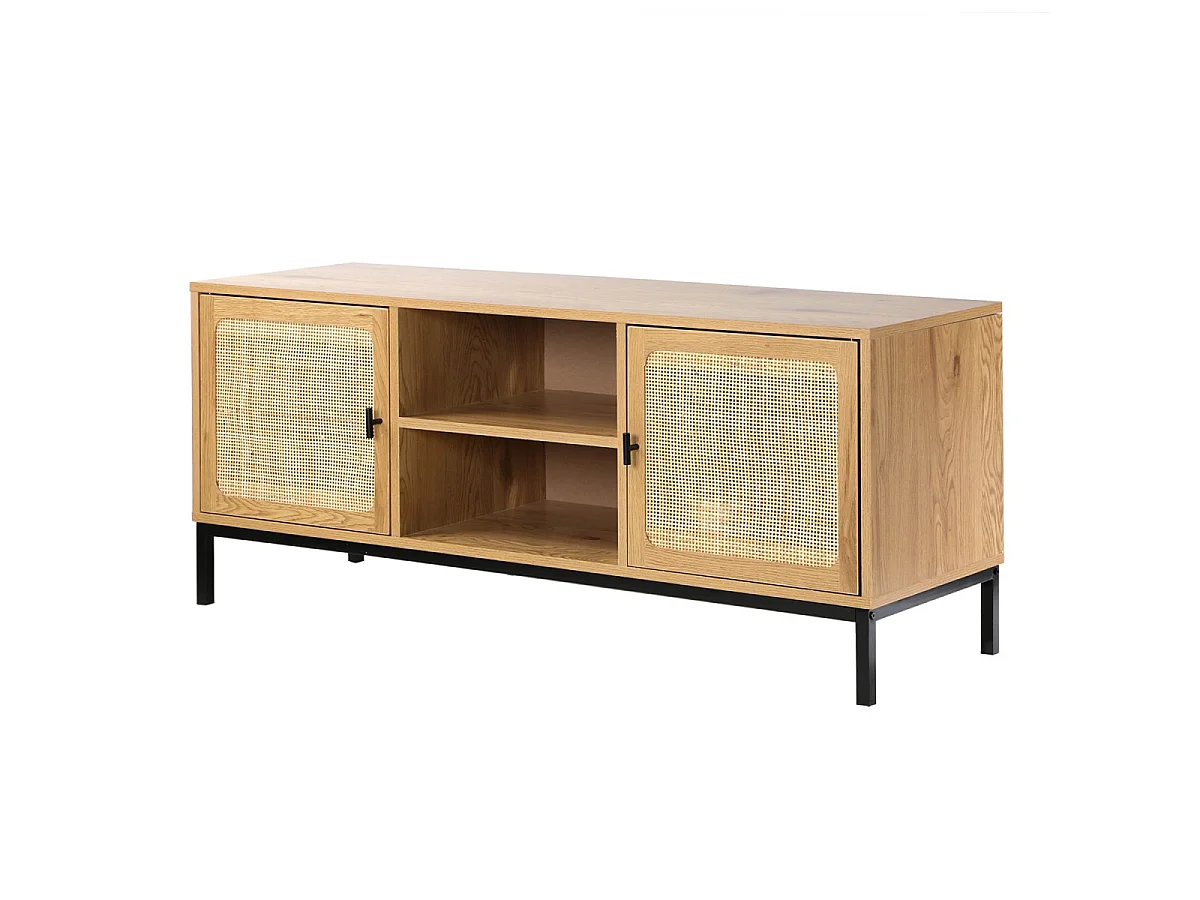 Mobile TV a 2 Porte con Impagliatura in Rattan e 2 Scomparti L120 cm - JAYA