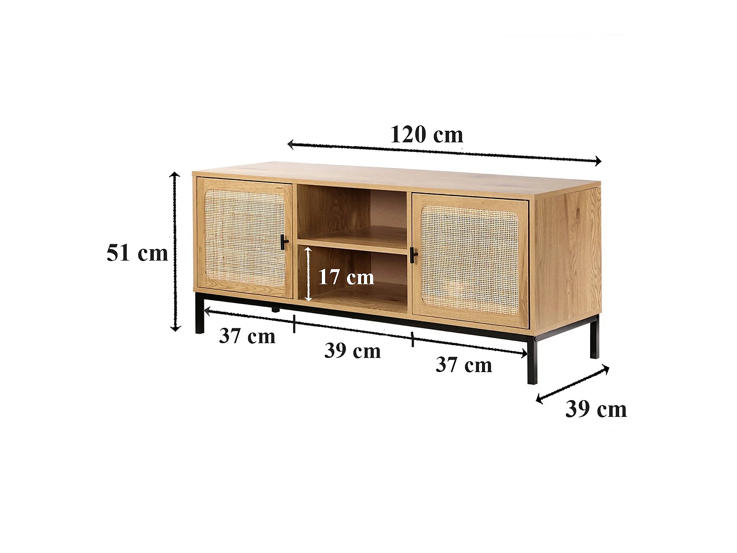 Mobile TV a 2 Porte con Impagliatura in Rattan e 2 Scomparti L120 cm - JAYA