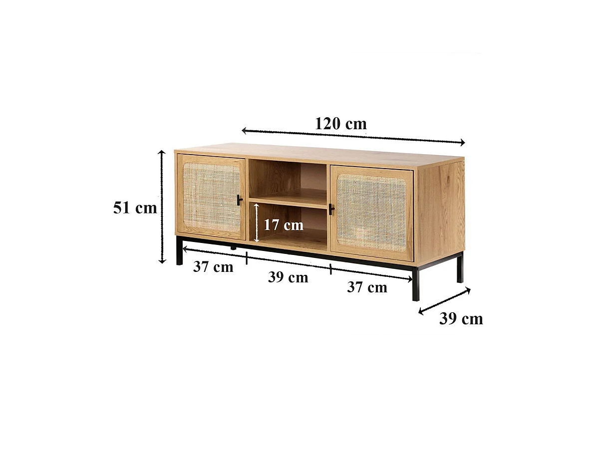Mobile TV a 2 Porte con Impagliatura in Rattan e 2 Scomparti L120 cm - JAYA