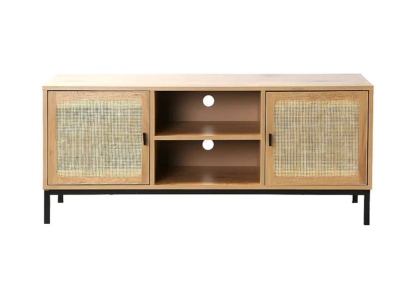 Mobile TV a 2 Porte con Impagliatura in Rattan e 2 Scomparti - L120 cm