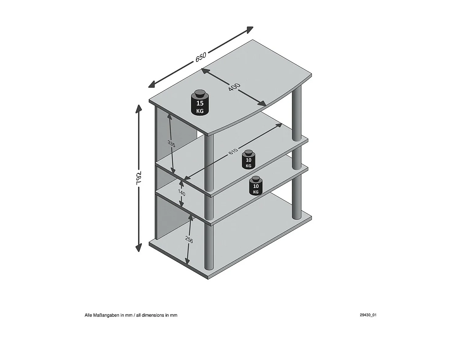 Meuble TV 4 Plateaux sur Roulettes - Variant