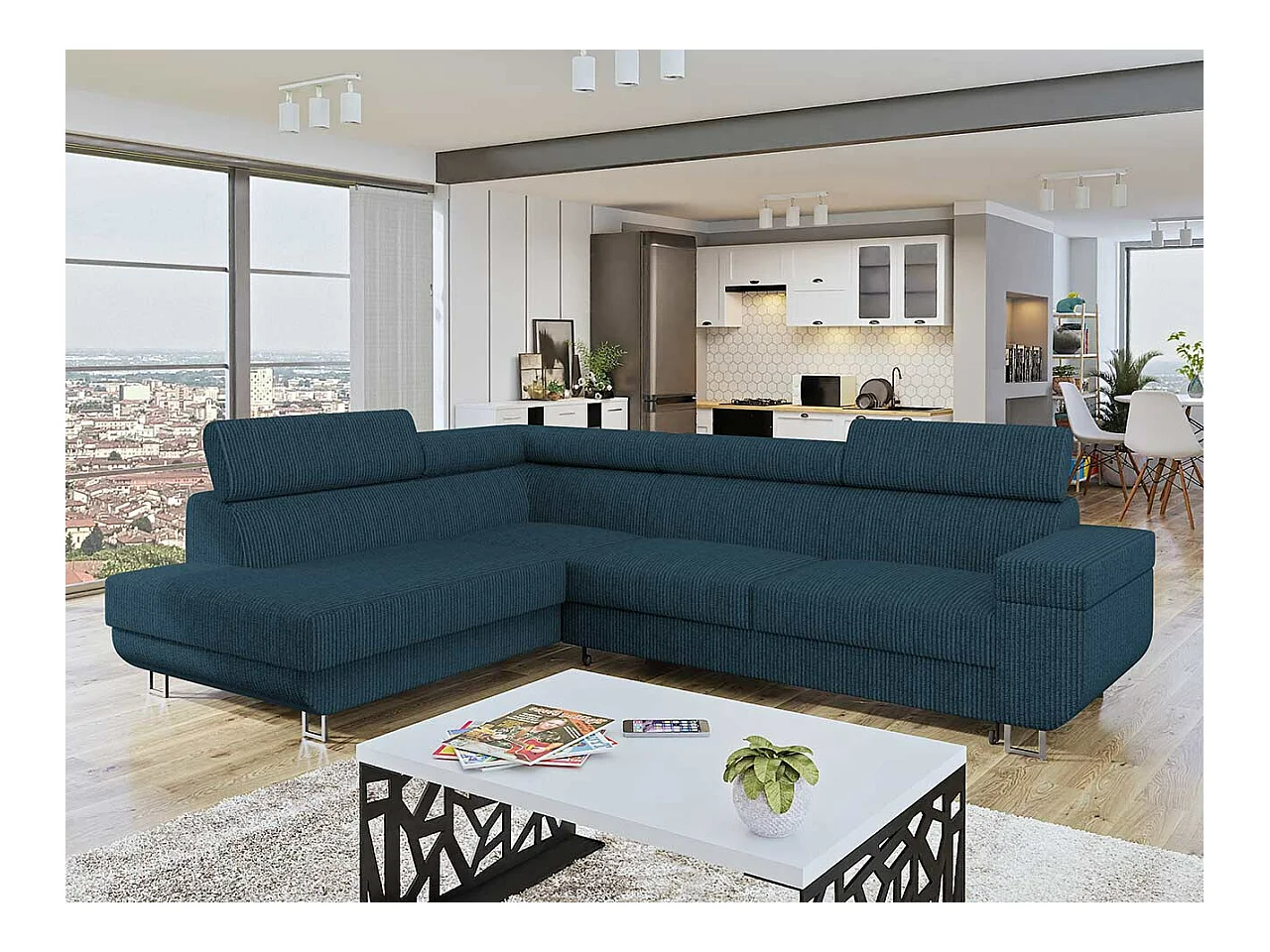 Canapé d'angle Comfivo 306, Turquoise, Fonction de couchage, Boîte de literie, 253x188cm