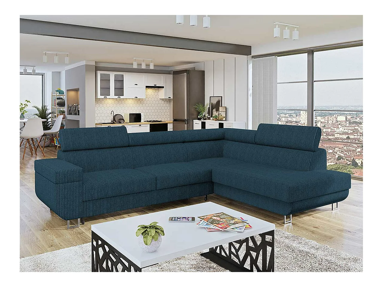 Canapé d'angle Comfivo 306, Turquoise, Fonction de couchage, Boîte de literie, 253x188cm