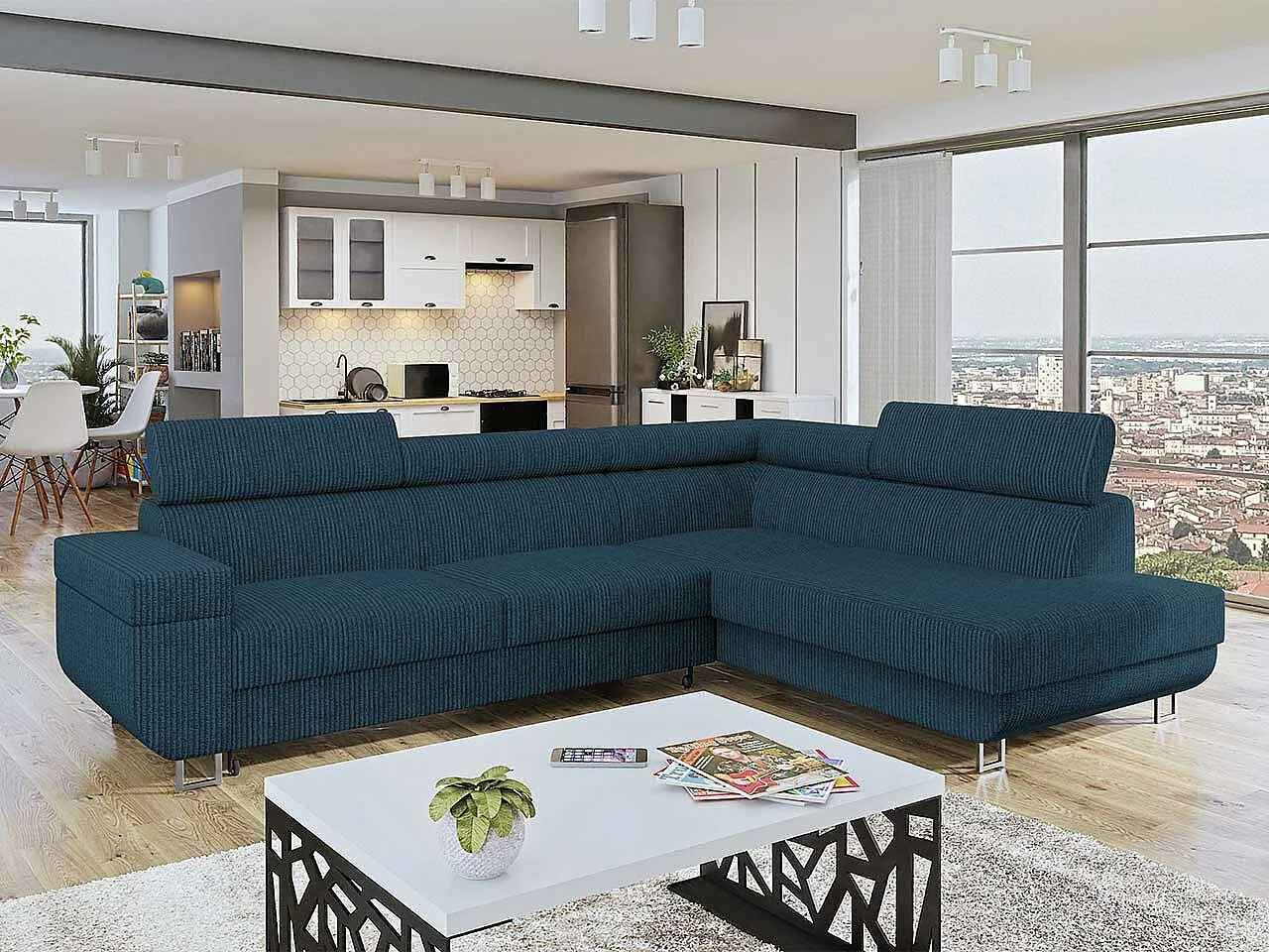 Canapé d'angle Comfivo Liberta, Bleu, Disponible, 253x188x71cm