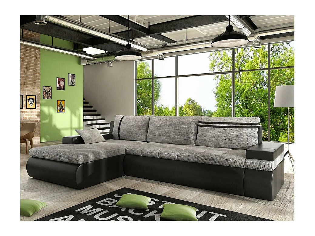 Canapé d'angle Temple 100, Gris, Fonction de couchage, Boîte de literie, 300x182x90cm
