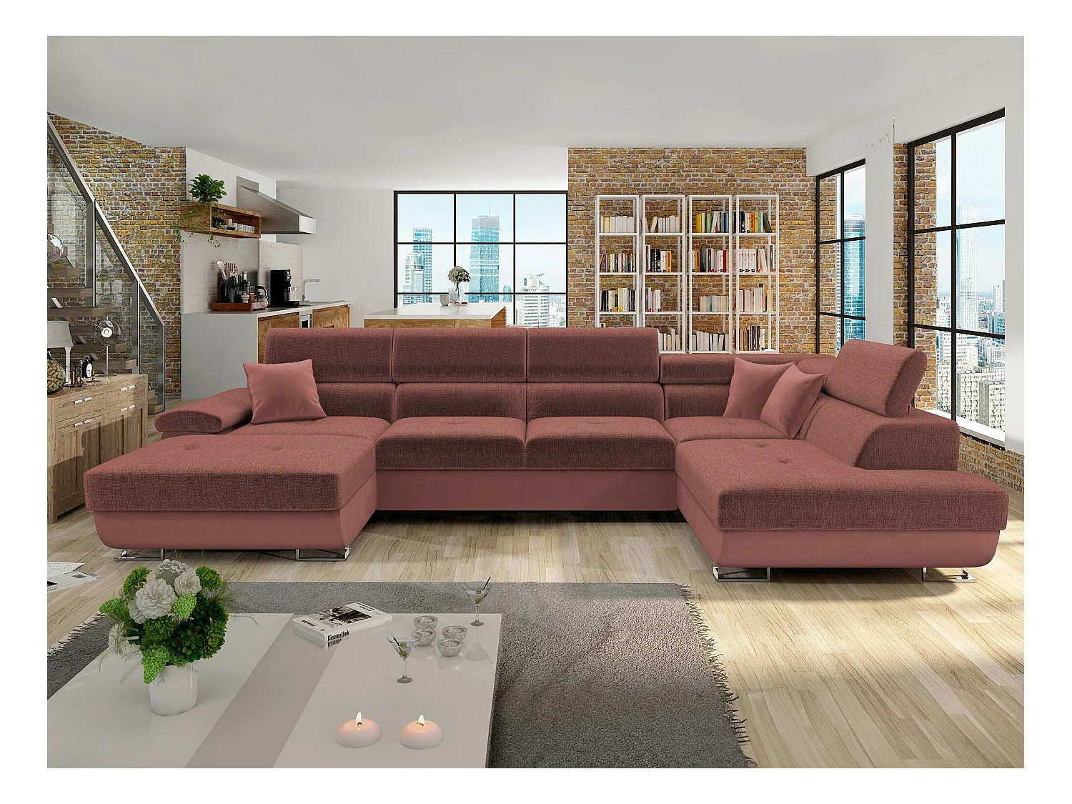 Canapé d'angle Comfivo 241, Rose, Fonction de couchage, Boîte de literie, 345x202x71cm