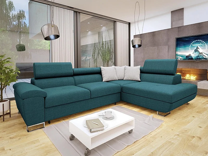 Canapé d'angle Comfivo 290, Turquoise, Fonction de couchage, Boîte de literie, 270x202cm