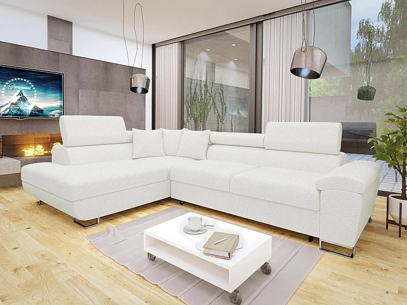 Canapé d'angle Comfivo 290, Blanc, Fonction de couchage, Boîte de literie, 270x202x71cm