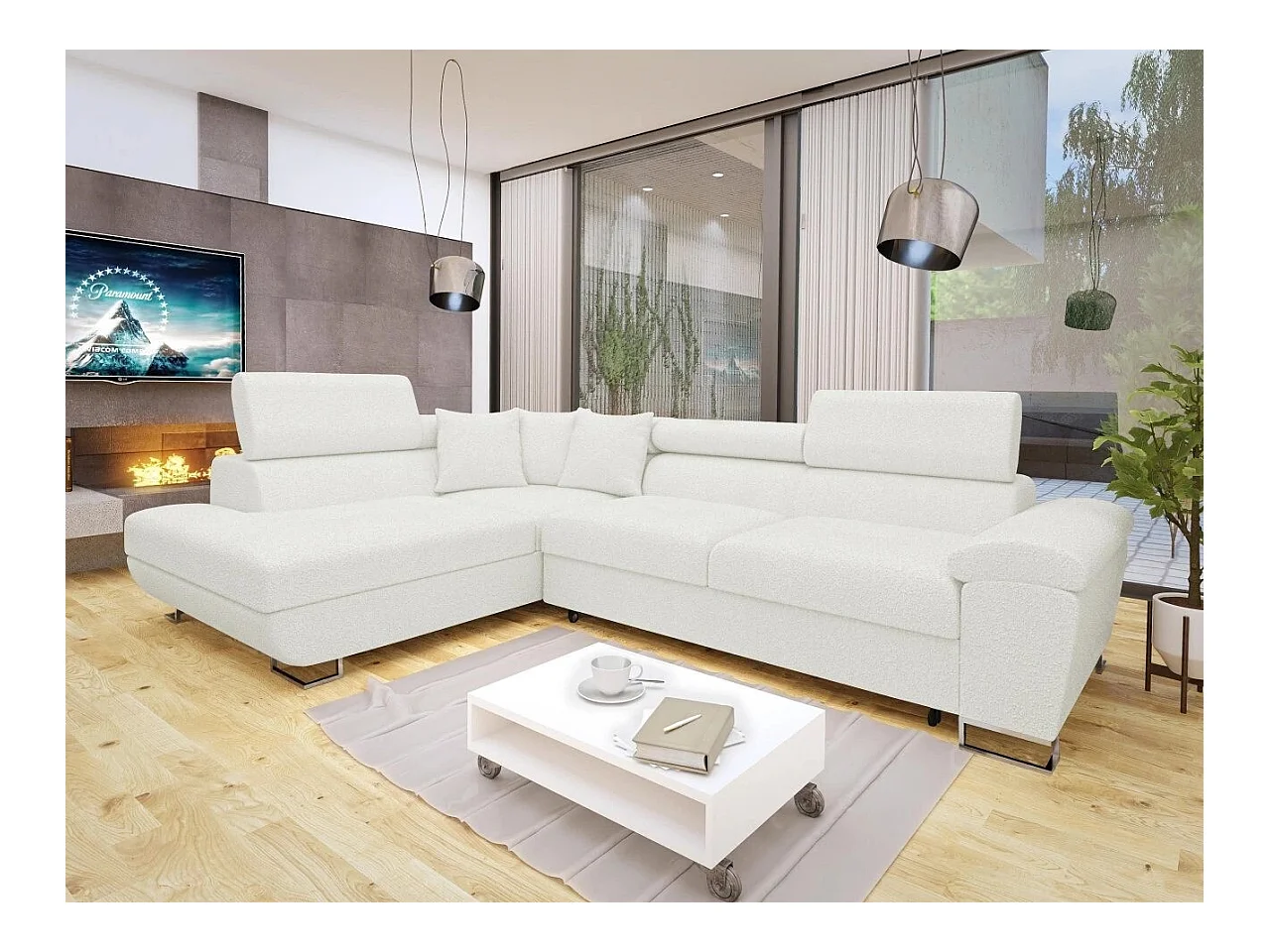 Canapé d'angle Comfivo 290, Blanc, Fonction de couchage, Boîte de literie, 270x202x71cm