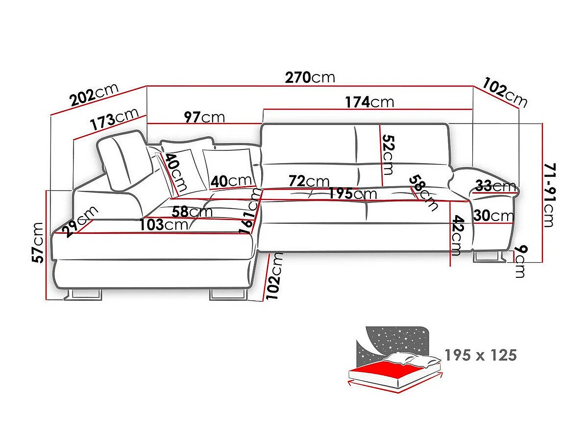 Canapé d'angle convertible 3 places en tissu blanc 270x202x71 cm