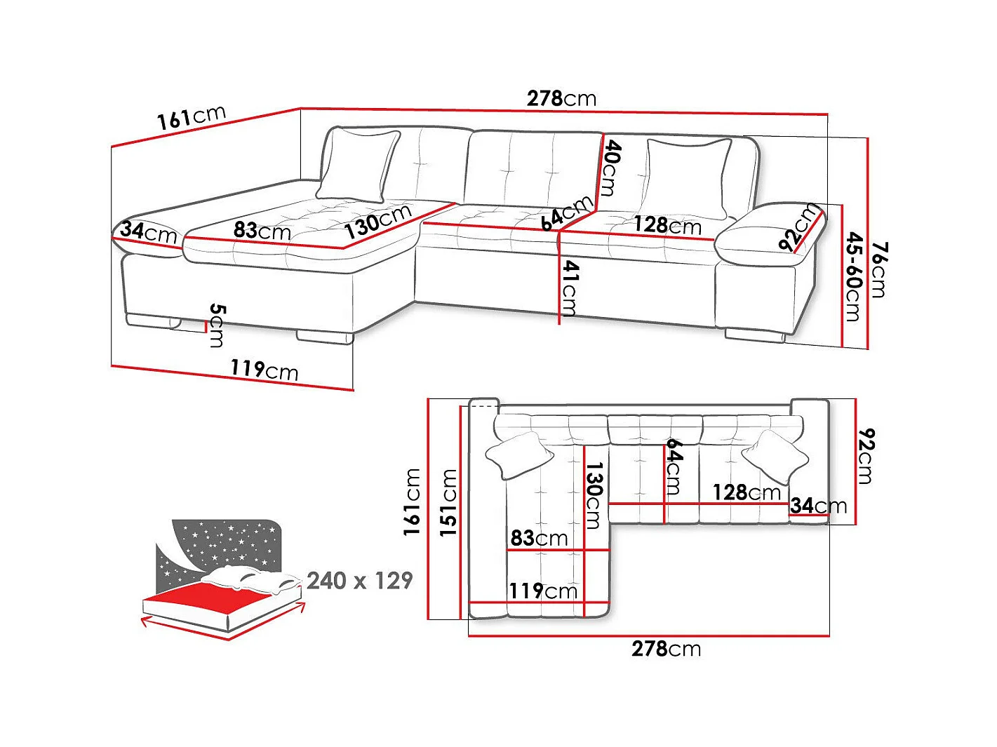 Sofá rinconero Comfivo 152, Rojo, Función de descanso, Almacenaje, 278x161x76cm