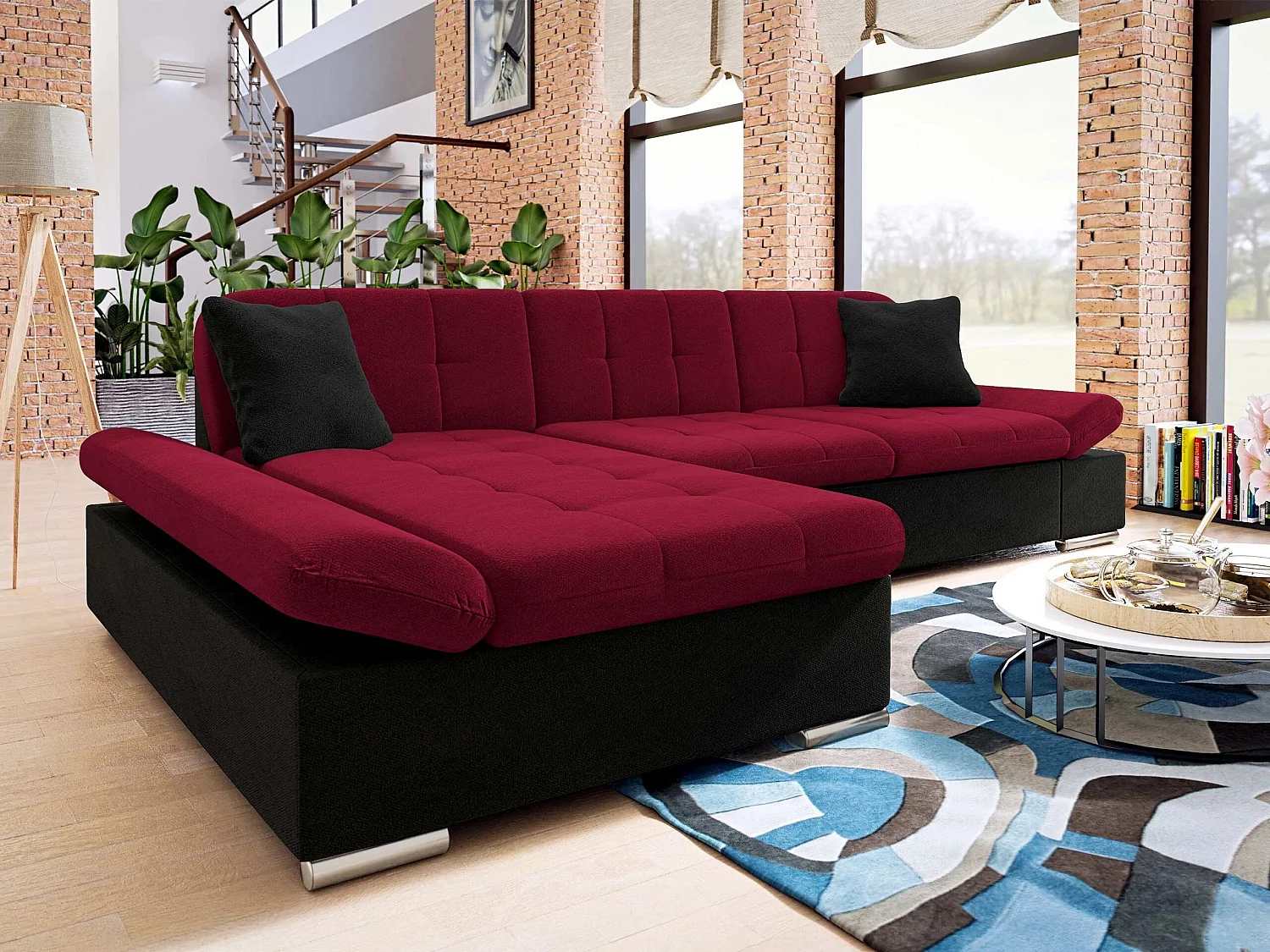 Canapé d'angle convertible 3 places en tissu rouge 278x161x76 cm