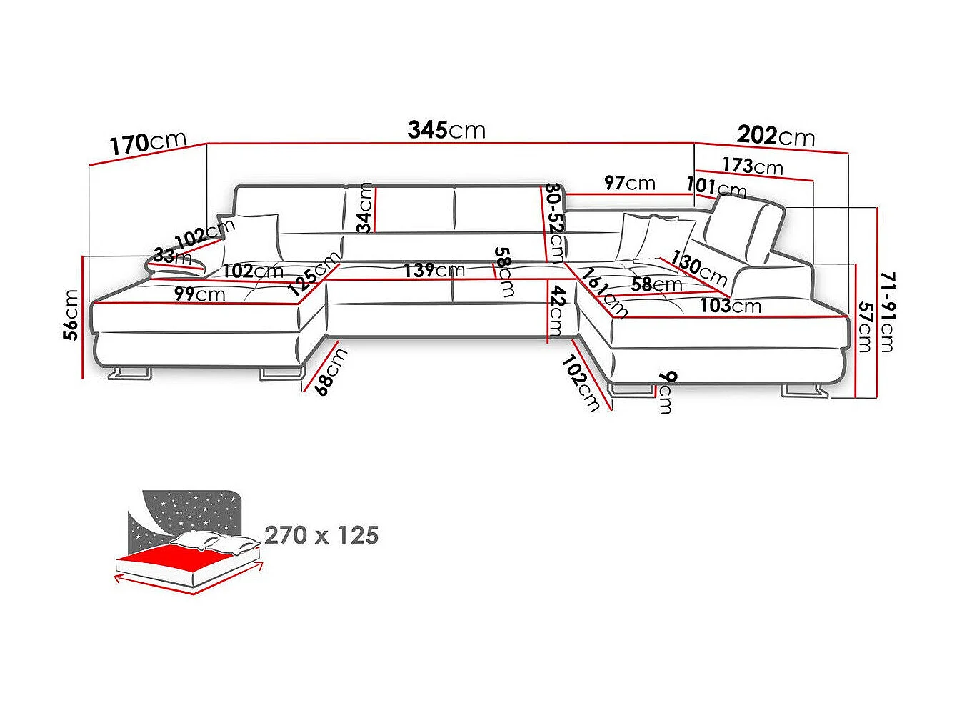Sofá rinconero Comfivo 190, Gris, Función de descanso, Almacenaje, 345x202x71cm